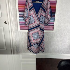 Trina Turk Blue and Pink Asymmetrical V-Neck Midi Dress